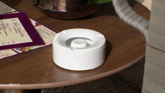 Auf einem Tisch steht ein weißer Plastik-Aschenbecher. © Screenshot 