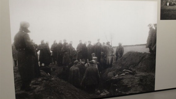 Ein Bild in einer Ausstellung zeigt die Exhumierung von Leichen. © NDR Foto: Hedwig Ahrens