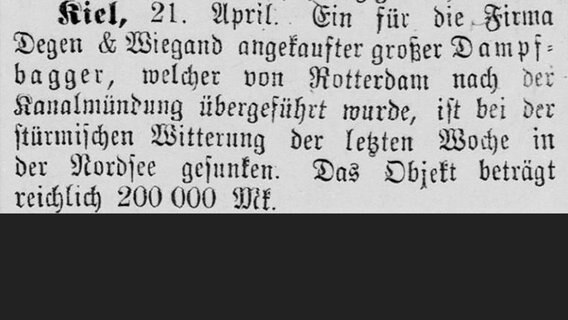 Meldung aus der "Kanal-Zeitung" vom 25. April 1891 über einen Arbeitsunfall. © Stadtarchiv Brunsbüttel, Kanalzeitung 25.04.1891 gray0370 