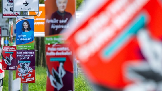 Wahlplakate verschiedener Parteien hängen an den Laternenmasten einer Ausfallstraße in Schwerin. © dpa Foto: Jens Büttner/dpa