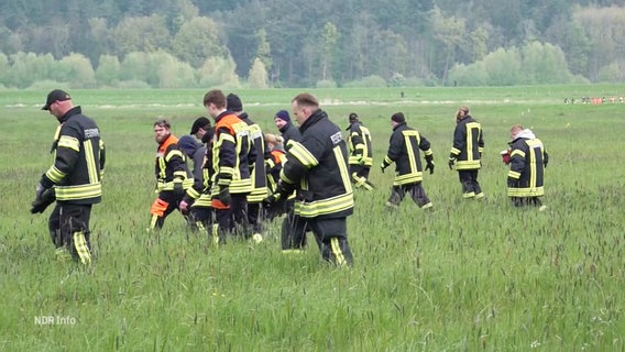 Feuerwehrleute gehen als Menschenkette suchend über eine Wiese. © Screenshot 