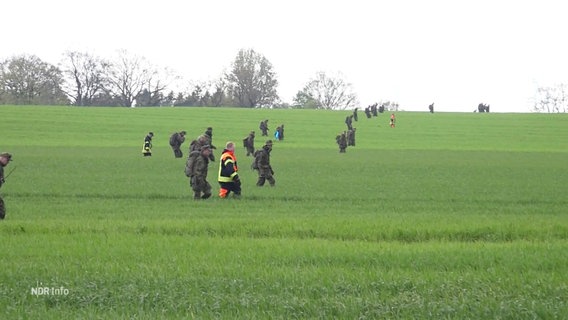 Einsatzkräfte durchkämmen ein Feld. © Screenshot 