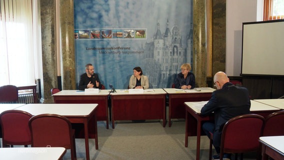 Landessozialministerin Drese sitzt an einem Tisch vor Journalisten. © Screenshot 