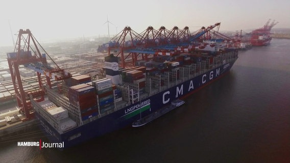 Ein Containerschiff im Hafen, aufgenommen aus der Luft. © Screenshot 