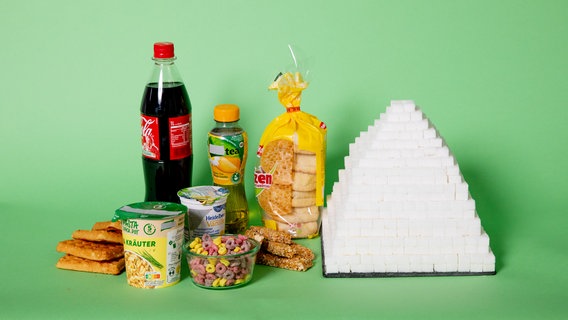 Eine Pyramide aus Zuckerwürfeln steht neben Cola, Toasties, Waffeln und anderen Fertigprodukten. © NDR Foto: Claudia Timmann