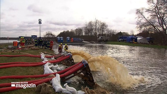 Wasser wird über mehrere Schläuche von Einsatzkräften des THW und der Feuerwehr in einem Ort in Niedersachsen abgepumpt. © NDR 