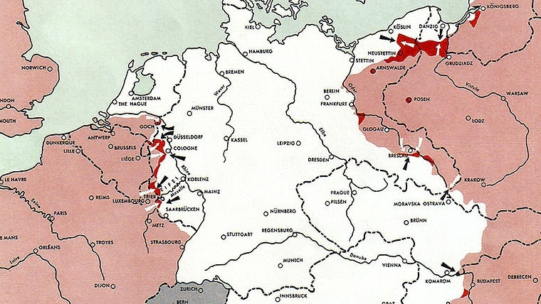 Ausschnitt der Europa-Karte vom 1. März 1945 aus dem "Atlas of the World Battle Fronts in Semimonthly Phases" des United States War Department, 1945, der die Gebietslage in zweiwöchigen Abständen dokumentiert. © This image is a work of a U.S. Army soldier or employee, taken or made as part of that person's official duties. As a work of the U.S. federal government, the image is in the public domain. Foto: United States War Department, General Staff 1945