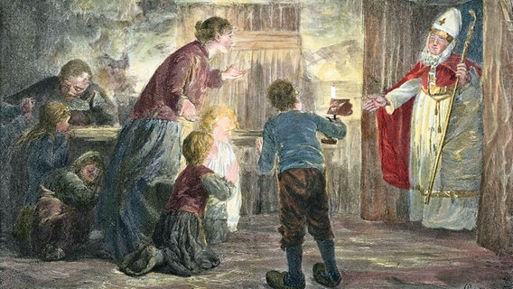 'Tritt ein, lieber Nikolaus!'. - Holzstich, um 1900, spätere Kolorierung, nach dem Gemälde von Paul Descelles (franz., 22.3.1851-1915). © picture alliance / akg-images 