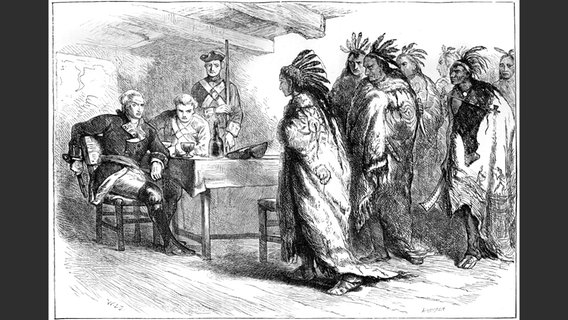 Besuch von Pontiac und den Indianern bei Major Gladwin, 1763 © picture-alliance / /HIP | The Print Collector 