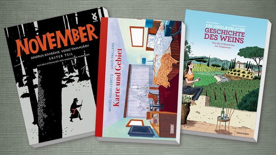 Collage der Buch-Cover: "Die unglaubliche Geschichte des Weins", "November" und "Karte und Gebiet" © Bahoe Books / Voland & Quist Verlag / DuMont Verlag 