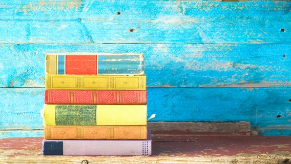 Ein Bücherstapel liegt auf einem Holztisch vor einer farbigen Wand. © IMAGO / Shotshop 