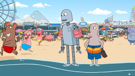 Ein Roboter und ein Hund stehen am Rande des Meeres am Strand von New York - im Animationsfilm "Robot Dreams" © Plaion Pictures 