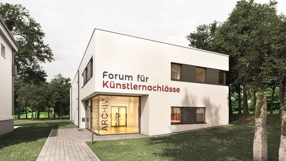 Ein weißes Gebäude mit der Aufschrift Forum für Künstlernachlässe. © Forum für Künstlernachlässe Foto: Forum für Künstlernachlässe