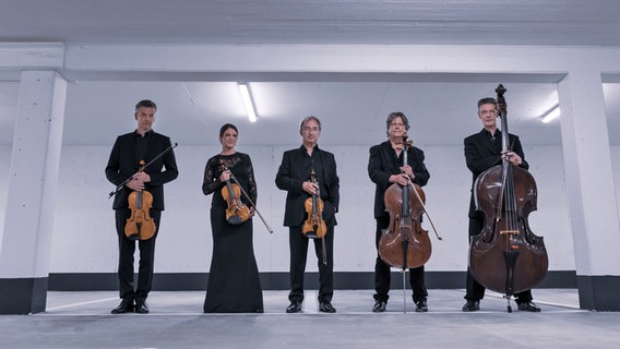 Ensemblebild in der Tiefgarage der Elbphilharmonie: das fabergé-quintett © Claudius Hinzmann Foto: Claudius Hinzmann