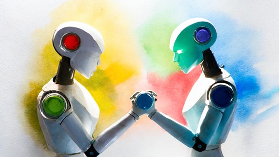 Zwei Roboter stehen sich im Wettkampf gegenüber, Stil Pastellmalerei © NDR/Lornz Lorenzen Foto: Prompt / Lornz Lorenzen Adobe Firefly 2
