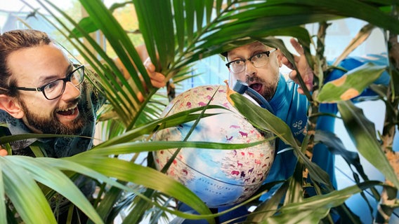Pascal Strehler und Mathias Heller entdecken einen Globus unter Palmen. © NDR/ Jil Hesse Foto: Jil Hesse