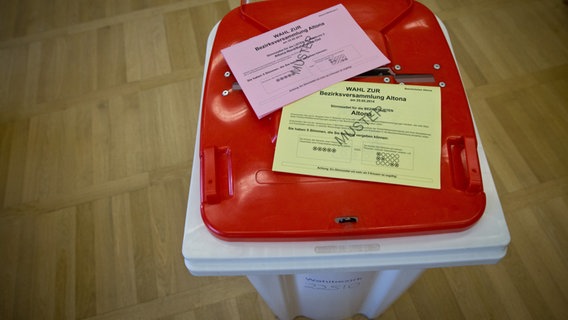 Muster-Stimmzettel für die Wahl zur Bezirksversammlung in Hamburg-Altona liegen auf einer Wahlurne. © picture alliance Foto: Christian Charisius