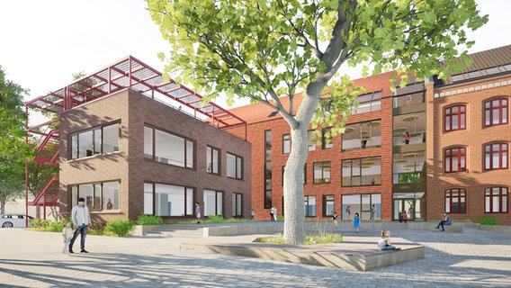 Eine Visualisierung zeigt, wie die Erweiterung der Katholischen Bonifatiusschule in Hamburg-Wilhelmsburg aussehen soll.. © picture alliance / dpa / Architekten Johannsen und Partner mbH 