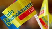 Fähnchen mit dem FDP-Logo stehen auf einem Tisch. © picture alliance / dpa Foto: Daniel Karmann