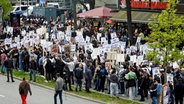 Mehrere hundert Demonstranten mit weißen Fahnen und Plakaten bei einer Demonstration am Hamburger Steindamm. © picture alliance / ABB 