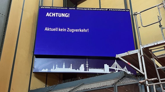 Auf einer Anzeigetafel wird darauf hingewiesen, dass der Zugverkehr am Hauptbahnhof in Hamburg unterbrochen ist. © dpa bildfunk Foto: Thomas Müller