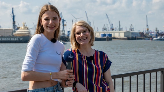 Emilia Flint und Jessica Schlage stehen mit einem NDR-Mikrofon im Hamburger Hafen © NDR Foto: Aaron Moser