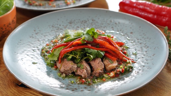 Steak-Salat mit Chimichurri auf einem Teller serviert. © NDR Foto: Florian Kruck
