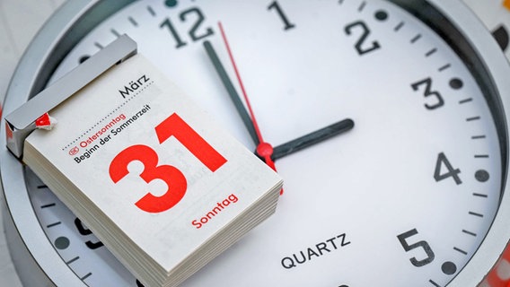 Ein Symbolbild zur Zeitumstellung 2024 mit einer Uhr und einem Abreißkalender. © picture alliance/dpa Foto: Niklas Graeber