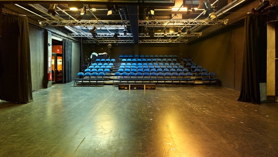 Ein großen Theaterraum mit blauer Bestuhlung und Technik an der Decke © Lichthof Theater Foto: Oliver Heinemann