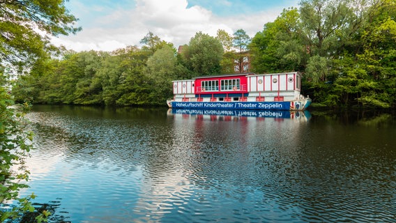 Ein einstöckiges, weißes Theaterschiff liegt am begrünten Ufer. © Hoheluftschiff Theater Zeppelin Foto: Julia Duarte