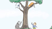 Auf einer farbigen Zeichnung sitzt ein Vogel und eine Katze in einem Baum. Unten rechts steht ein kleiner Junge, links ein Wolf. © Allee Theater Foto: Allee Theater