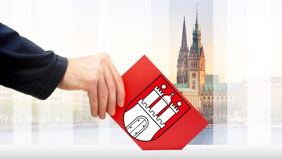 Ein Stimmzettel mit dem Hamburg-Wappen wird in eine Wahlurne geworfen. Im Hintergrund Alster und Rathaus. © Fotolia, iStock Foto: kebox, Fabian Wentzel