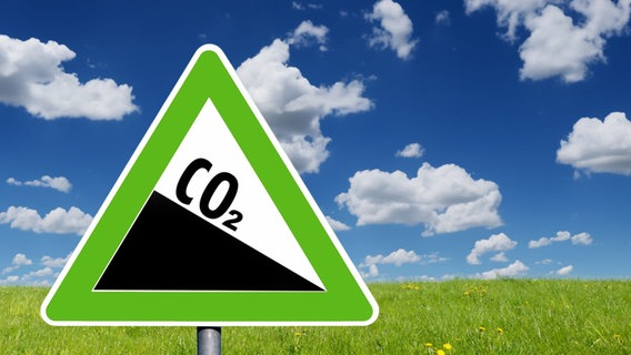 Ein Schild zeigt ein absteigendes CO2-Piktogramm. © deepblue4you 