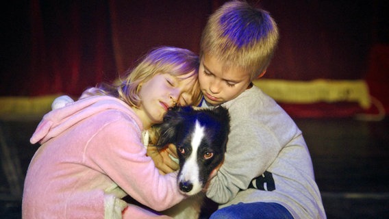 Alona (Aria Luzan) und Andryi (Lazariy Luzan) umarmen ihren Hund Slava. © NDR/Red Balloon 