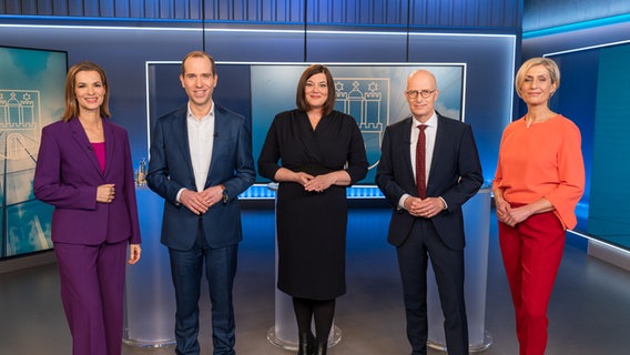 Die Politiker Katharina Fegebank, Dennis Thering und Peter Tschentscher mit den Moderatorinnen Julia-Niharika Sen und Susanne Stichler stehen in einem Fernsehstudio und schauen in die Kamera. © NDR/Janis Röhlig Foto: Janis Röhlig