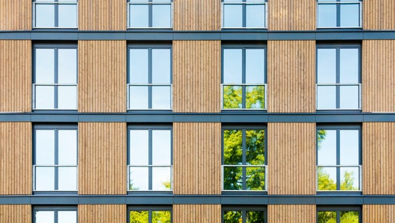 In einem modernen Bürogebäude spiegeln sich Bäume im Fenster. © IGphotography 