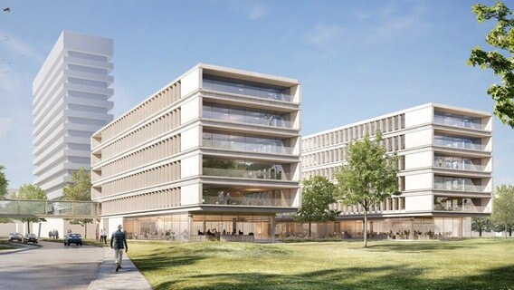 Illustration eines zweiflügeligen Neubaus beim NDR in Lokstedt. Architekten gmp. © NDR/gmp Architekten 