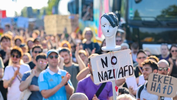Demonstranten nehmen an einer Rave-Demo gegen die AfD vor dem Parteitag vom Hauptbahnhof Essen zur Grugahalle teil © dpa Foto: dpa