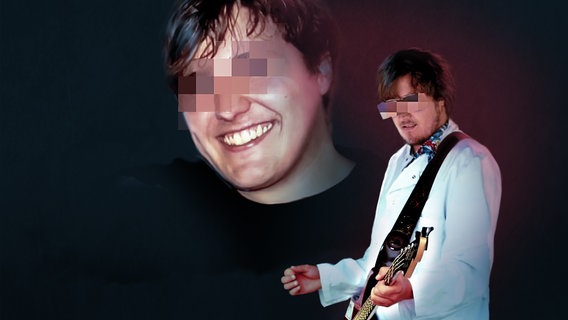 Zwei gepixelte Privataufnahmen des Assistenzarztes Philipp G., links lächelnd in schwarzem Pulli, rechts spielt er im Arztkittel Gitarre. © NDR/privat/Markus Holzum 