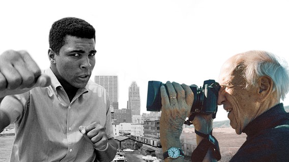 Bildmontage: Muhammad Ali (in der linken Bildhälfte) boxt in die Kamera. Fotograf Thomas Hoepker (in der rechten Bildhälfte) hat eine Kamera auf ihn gerichtet. © GRANVISTA Media GmbH 