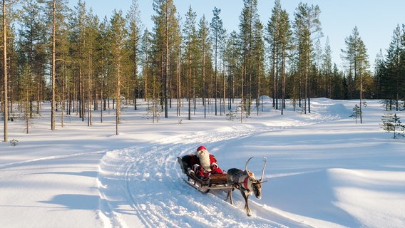 Santa Claus im Rentierschlitten in Rovaniemi, Lappland, Finnland © NDR/Sven Rieken 