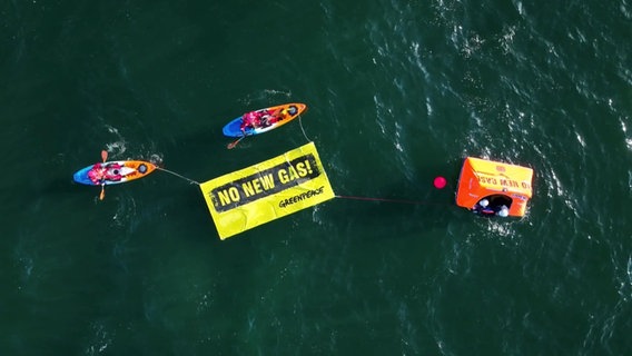 .Greenpeace-Aktivist:innen mit einem Transparent und der Aufschrift "No New Gas!" auf einem Boot auf der Nordsee. © Screenshot 