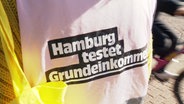 "Hamburg testet Grundeinkommen" steht auf einer Weste. © NDR Foto: Screenshot