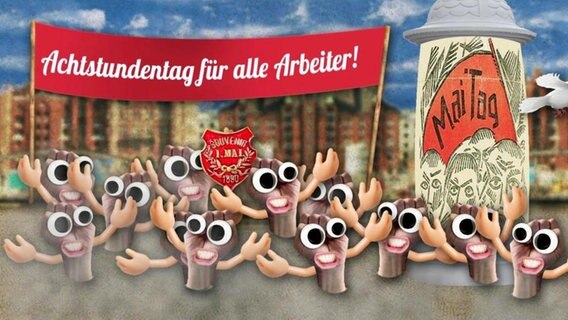 In einer Animation protestieren Faust-Figuren am 1. Mai für den Achtstundentag  