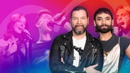 Bildcollage: Rea Garvey und Conchita Wurst stehen im Vordergrund. Im Hintergrund sieht man zwei Sänger und eine Sängerin. © NDR/André Kowalski 