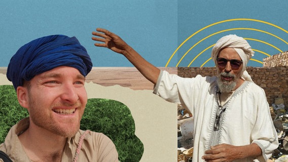 Fotomontage: Filmemacher Samuel Häde (links) steht neben dem Bibliothekar Sidi in der mauretanischen Stadt Ouadane. © NDR/Jonathan Auch 