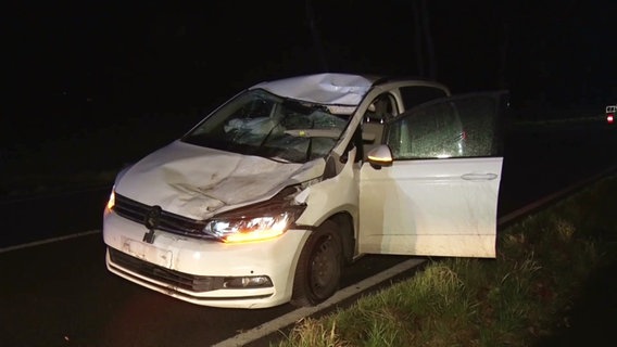 Die kaputte Frontscheibe eines Autos nach einer Kollision mit einem Pferd bei Dunkelheit. © Nord-West-Media TV 