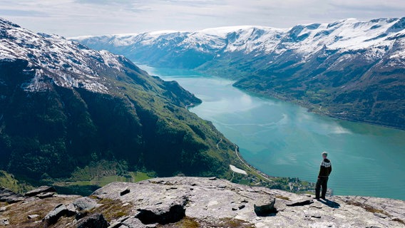 Filmemacher Asgeir Helgestad blickt vom Berg auf einen Fjord in Norwegen. © NDR/Doclights GmbH/Sara Montoya/Artic Light AS 