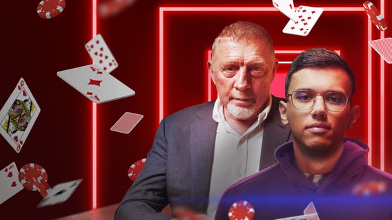 Collage: Boris Becker und Samuel Mullur vor einem roten Hintergrund. Durch die Luft fliegen Spielkarten. © NDR/BR/pqpp2/alexandertrou/Maxim Lebedik/Real Vector 