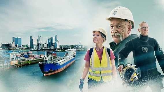 Collage: Eine Hafenarbeiterin und zwei Hafenarbeiter vor einem Hafen. © Marc Steinicke/Michael Ihle/Martin Göbel/FILMBLICK Hannover 